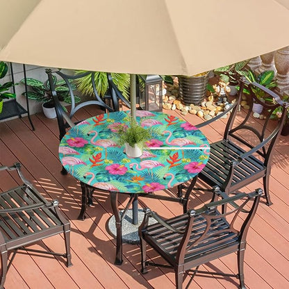 Tropical Flamingo Outdoor Round Fitted Tablecloth with Umbrella Hole and Zipper, 36"-44" Elastic Patio Table Cloth Oil-Proof Waterproof Patio Table Cover for Picnic Party Camping