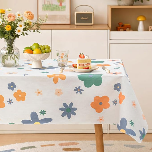 Seenus Waterproof Floral Vinyl Rectangle Tablecloth with Flannel Backing | 54x72 Inch Wipeable Flower Table Cloth Rectangular for Summer Indoor Outdoor Picnic Birthday Party, Cute Plastic Tablecover
