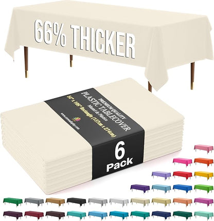 Exquisite Party Solids 66% Thicker Premium Plastic Table Cloth Rectangle Table Cover 0.5 Mil 6 Pack Ivory Table Cloth 54 Inch x 108 Inch Disposable Tablecloth Won't Tear Easily Like Cheap Thin Brands