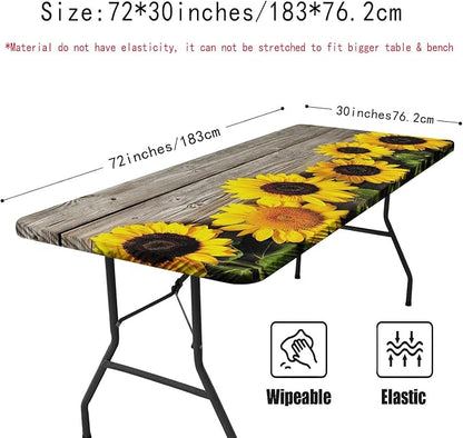 Irisbell Picnic Table Cover with Elastic Edge,6FT Wind Proof Wrinkleproof Fitted Tablecloth Cover Camping Beach Patio Rectangle Table Cloth for Indoor Outdoor (Wood & Sunflower, 30'' x 72'')