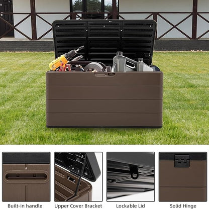 110 Gallon Pro Resin Deck Box, Waterproof Outdoor Storage Bin for Patio Furniture, Pool Accessories, and Garden Tools, Lockable & UV-Resistant, Brown