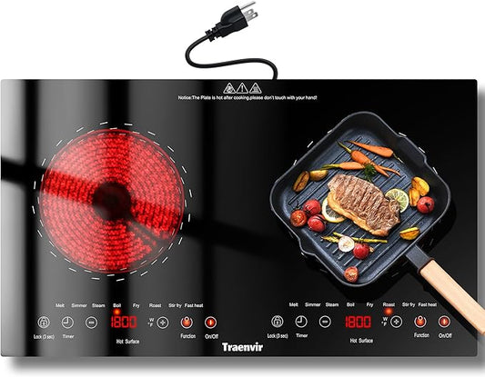 2 Burner Electric Cooktop, 24 Inch Countertop & Built-in Electric Stove 2000W, Portable Double Burner Ceramic Cooktop, Child Safety Lock, Timer, 8 Power Levels, 110V-120V Plug in