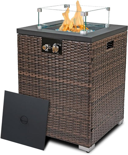 22in Outdoor Propane Gas Fire Pit Table, 40,000 BTU Auto-Ignition Gas Firepit with Glass Wind Guard, Painted Steel Tabletop, Mixed Color Glass Rocks, Brown PE Rattan
