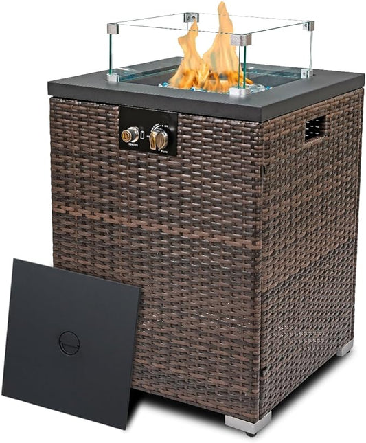 22in Outdoor Propane Gas Fire Pit Table, 40,000 BTU Auto-Ignition Gas Firepit with Glass Wind Guard, Painted Steel Tabletop, Mixed Color Glass Rocks, Brown PE Rattan