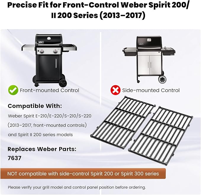 7637 Grill Grates for Weber Spirit E210 E220 S210 S220 Front Control, Spirit II E210 E220, 17.5 x 10.2 in Porcelain-Enameled Cast Iron Replacement Cooking Grates, Set of 2