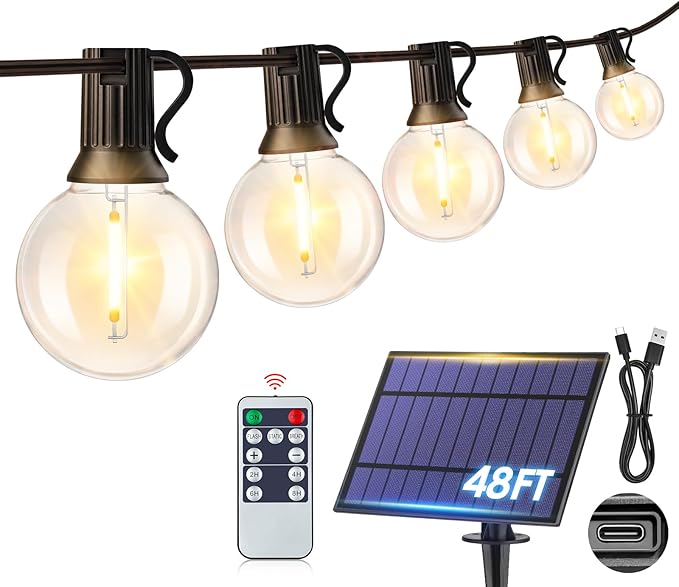 Mlambert 48FT Solar Powered String Lights, Outdoor Waterproof Patio Light with 15+1 Shatterproof LED G40 Bulbs, String Light for Backyard Balcony-Black