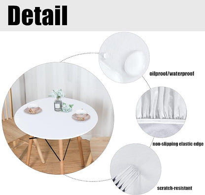 LUSHVIDA Round Waterproof Table Cover Elastic Vinyl Fitted Tablecloth Elastic Edged Plastic Table Cloth (White, Best for Up to 45"-56" Round)