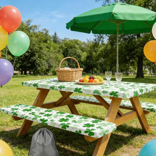 JAWO St Patrick's Day Picnic Table Cover with Bench Covers, Camping Essentials, Shamrock Lucky Outdoor Table Covers, Waterproof, Fitted Tablecloth Cover with Elastic Edge, 3 PCS, 30X96 Inches