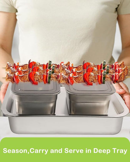 Grill Prep Trays Set Of 5,BBQ Tray,Grilling Prep And Serve Trays,Stainless Steel Food Prep Tray,Grill Carry System,Marinade Container with Lid and Cutting Board,BBQ Grill Accessories,Grilling Gifts