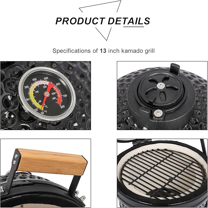 13" Grill with Built-in Thermometer, Cast Iron Grates, Bamboo handle, Portable Ceramic Grill with Low Stand for Backyard, Patio, Deck grilling (Black)
