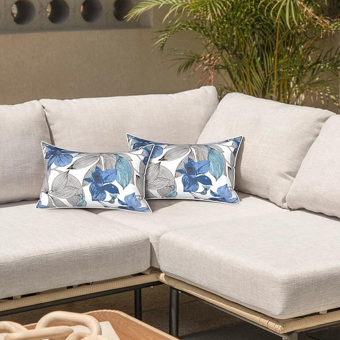 LVTXIII 2 Pack Outdoor Lumbar Pillow Covers 12x20 Inch with Piping, Water-Repellent Back Cushion Covers ONLY for Patio Furniture, Sofa, Garden Bench, Clemens Noir Blue