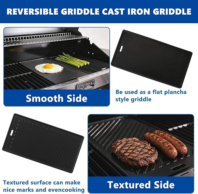 SafBbcue Replacement Parts for Monument Mesa 400, 25392 and 13478, A005 Cast Iron Griddle and 98888 Stainless Steel Grill Grates for Monument Grills 4-Burner Propane Gas Grill Accessories