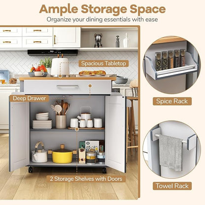 COSTWAY Kitchen Island On Wheels, Rolling Storage Trolley Cart | with Large Cabinet, Drawer, Spice Rack and Towel Rack, Kitchen Serving Utility, 3-Position Adjustable Shelf (Grey)