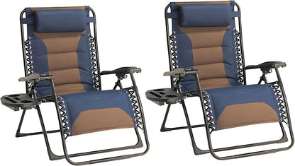Zero Gravity Chair Set of 2 Oversized Padded Recliner with Adjustable Headrest & Cup Holder - 600D Oxford Folding Lounge Chair for Outdoor Camping, Patio, Poolside (Brown & Blue)