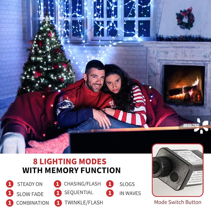 MZD8391 105FT 300LED Christmas Light, Waterproof Christmas Tree Light White | 100% UL List, 8 Light Mode,Timer & Memory, End To End Connect, Christmas String Light Oudoor Indoor, Christmas Fairy Light