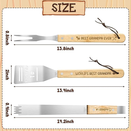 Haooryx Grandpa Grilling BBQ Tool Accessories Set - 3Pcs Best Grandpa Ever Stainless Steel Grilling Spatula Tong Fork Father's Day Birthday Present Outdoor Camping Barbecue Housewarming Party Supplies