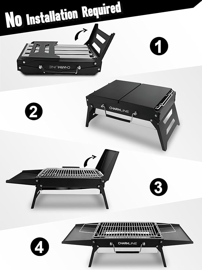 Charmline 14x9inch Small Foldable Portable Charcoal Grill, Charcoal Grills for Camping, Picnics, Gardens and Beach Parties, Black, With 32x20in Fireproof Mat