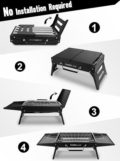 Charmline 14x9inch Small Foldable Portable Charcoal Grill, Charcoal Grills for Camping, Picnics, Gardens and Beach Parties, Black, With 32x20in Fireproof Mat