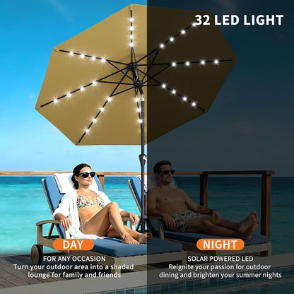 Garvee 9FT Solar Patio Umbrella Outdoor Umbrella with 32 LED Lights | Crank Lift, Push Button Tilt & 8 Sturdy Ribs, UV Resistant Waterproof Market Umbrella for Pool, Yard, Garden(Tan)