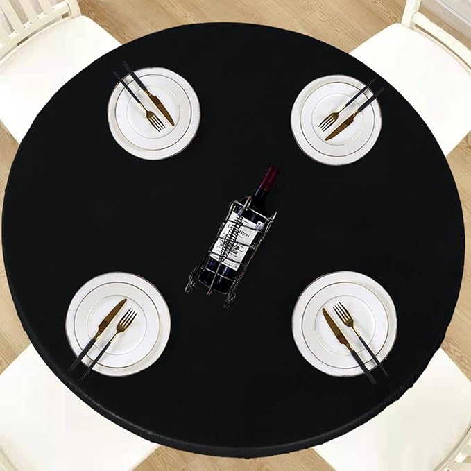 LUSHVIDA Round Waterproof Table Cover Elastic Vinyl Fitted Tablecloth Elastic Edged Plastic Table Cloth (Black, Best for Up to 57"-68" Round)
