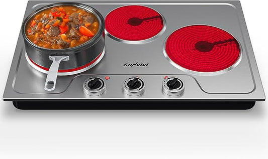Sunvivi 1800W Triple Burner Portable Electric Ceramic Stove – Knob Control, Indicator Light, Compatible with All Cookware, Ideal for Multiple Cooking Scenarios, Silver