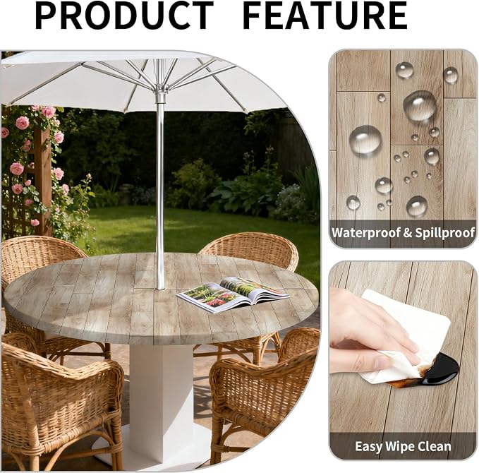 Outdoor Tablecloth with Umbrella Hole and Zipper Fits 37-44" Tables | Waterproof Round Fitted Tablecloth with Elastic Edge, Wipeable Outdoor Table Cover for Patio, Garden, Picnic