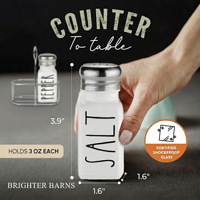 White Salt and Pepper Shakers Set with Holder by Brighter Barns - Farmhouse Salt Shakers with Caddy and Stainless Steel Lids - Cute Neutral Kitchen Decor for Vintage Home, Restaurants, Gifts (White)