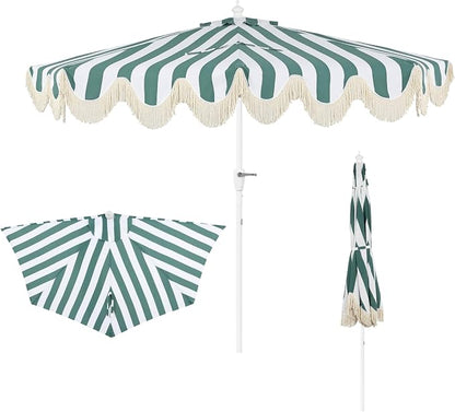 JONATHAN Y Beverly 9 ft. Striped Half Umbrella, Green/White | Coastal Scalloped Fringe, Crank Lift, 30 Degree Manual Tilt, UV 50 Fabric Canopy, Aluminum Frame, Space Saving Design