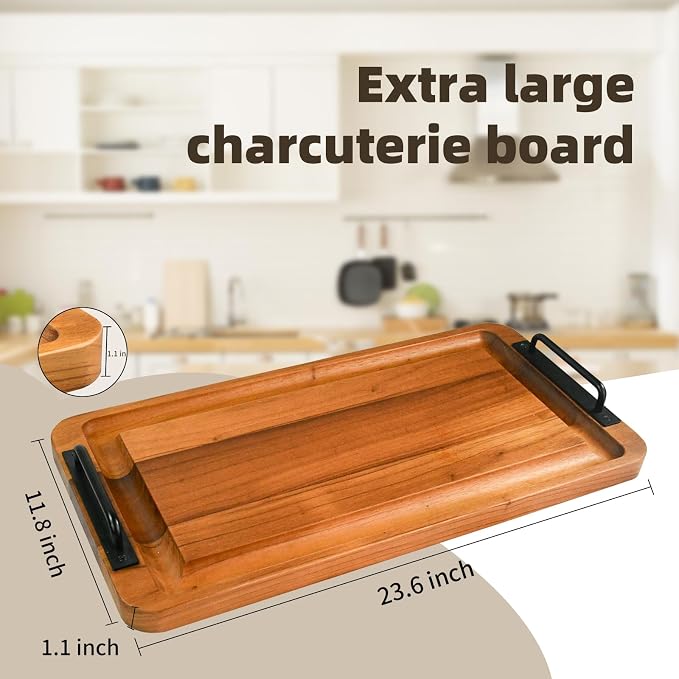 Large Wooden Charcuterie Board with Handles Long BBQ Serving Tray Platters | Rectangular Meat Cutting Board with Juice Grooves for Party Appetizers,Home & Outdoor Housewarming Gift 23.6x11.8x1.1”