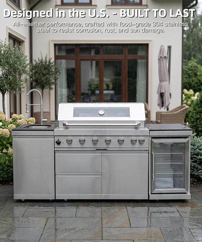 Outdoor Kitchen Island Barbecue Grill with Refrigerator & Rotisserie, Heavy-Duty Stainless Steel Freestanding Grills Station, Weather-Resistant Cooking Cabinet for Backyard & Summer Propane Gas