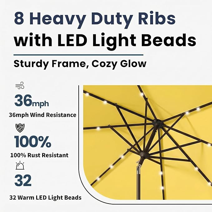 10FT Solar Umbrella 32 LED Lighted Patio Umbrella Table Market Umbrella w/Tilt and Crank, UV-Resistant Outdoor Umbrella for Pool, Garden, Deck, Sunshine Yellow