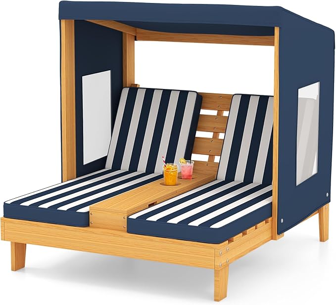 Kids Lounge Chair Outdoor, 2-Seat Toddler Patio Chair with Cushions, Cup Holders, Detachable Canopy, Wooden Double Chaise Lounge for Lawn, Pool, Garden, and Yard (Navy)