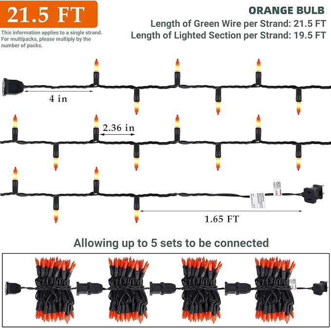 Orange Halloween Lights, 100 Count, Incandescent Mini Halloween String Lights Outdoor, Black Wire Connectable Tree Light for Garland Christmas Thanksgiving Holiday Patio Home Decor