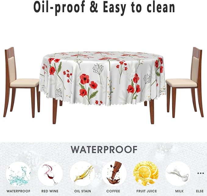 Red Poppy Round Tablecloths Spring Flowers Botanical Tablecloth Polyester for Party Dinner Decorative Circle Table Cloth Dust-Proof Table Cover for Home Restaurant Picnic Camping BBQ 60 Inch
