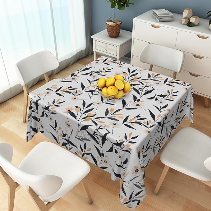 Floral Square Tablecloth Black and Yellow Leaves Flowers Table Cloth Perfect for Spring Home Decor 60x60 Inch Botanical Waterproof Resistant Table Cover for Kitchen Dining Room