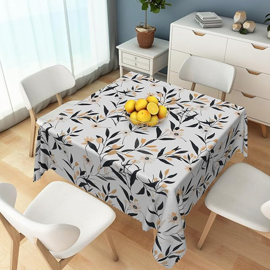 Floral Square Tablecloth Black and Yellow Leaves Flowers Table Cloth Perfect for Spring Home Decor 60x60 Inch Botanical Waterproof Resistant Table Cover for Kitchen Dining Room