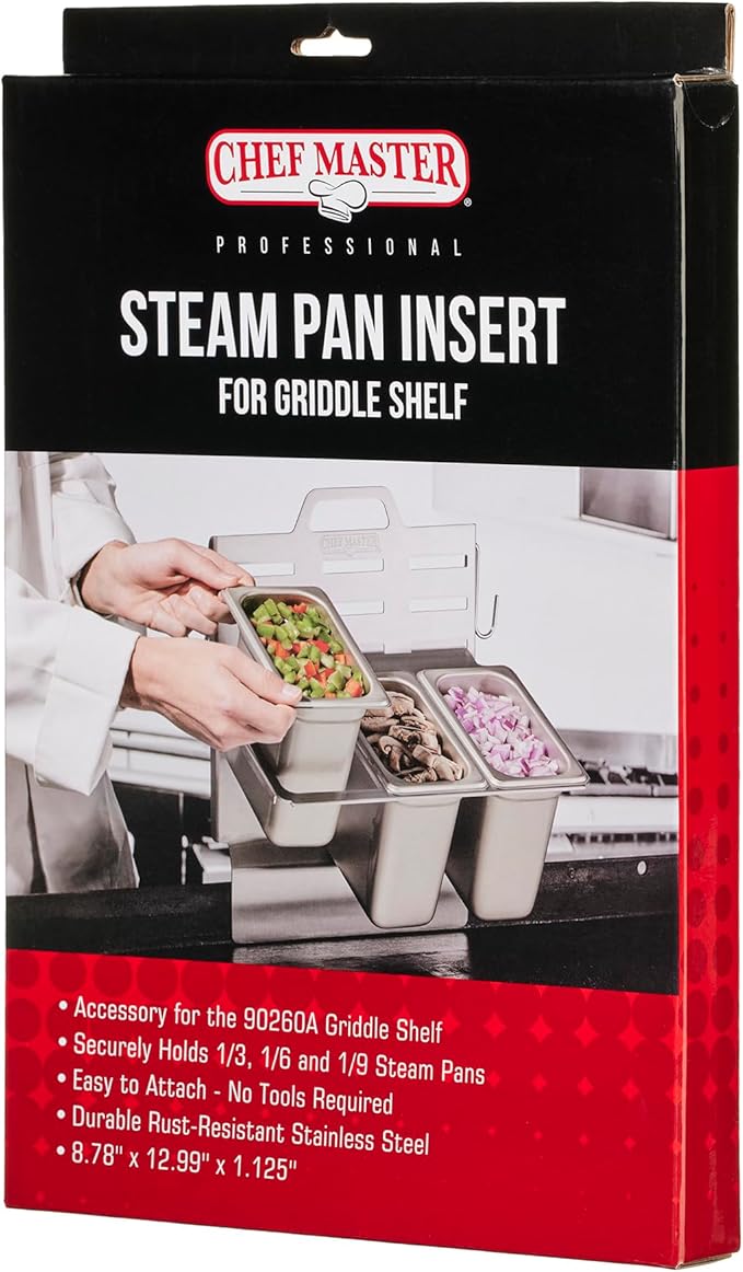 Chef Master Steam Pan Insert for Griddle Shelf Set – Fits 1/3, 1/6 & 1/9 Steam Pans - Keeps Your Ingredients in One Place - Grill Accessories For Restaurants, Diners & Food Trucks - Fits 90260