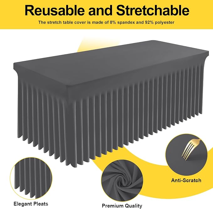 Smiry Spandex Elastic Fitted Table Cloth Skirt for 6FT Rectangle Table | Stretch Washable Table Cloth, Banquet Table Cover for Wedding, Party, Indoor & Trade Shows, (Dark Grey, 72Lx30Wx30H)