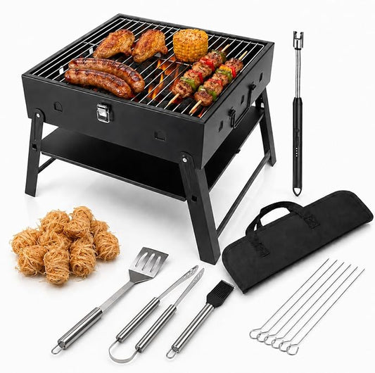 Portable BBQ Charcoal Camping Grill: Tabletop Folding Barbecue Grills with Fire Starter Kit and BBQ Grilling Tool Set, Fathers Day Birthday Grilling Gift for Men Dad Husband