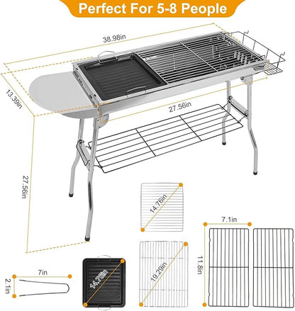 TeqHome Portable Charcoal Grill, Large Stainless Steel Folding BBQ Grill, Foldable Barbecue Grill with Storage Shelf for Camping BBQ Garden Backyard Party Picnic Outdoor Cooking Kabob, 39x13.4x28 inch