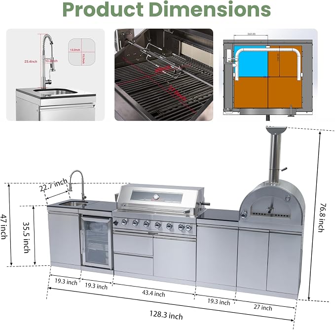 128-Inch Stainless Steel Outdoor Kitchen Island, Propane BBQ Grill with Pizza Oven, Rotisserie, Refrigerator, Granite Countertop, Storage Cabinets & Drawers 120,000 BTU