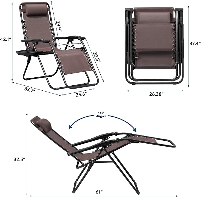 Greesum Zero Gravity Chairs Set of 2 Adjustable Steel Mesh Recliners Beach Deck Lawn Camping Patio Foldable Lounge Chair with Cup Holder Trays and Pillows,Brown