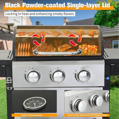CIG GARDEN 3-Burner Propane Gas Grill,Outdoor Barbecue Grill with Side Tables and Wire Enamel Cooking Grids,31,500 BTU Output Stainless Steel BBQ Grill for Patio Garden Camping Backyard