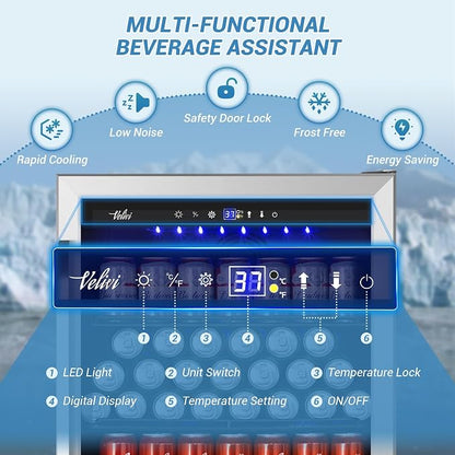 Velivi 24'' Beverage Refrigerator Cooler,168 Cans Beverage and Beer Fridge with Glass Door, Built-in/Freestanding Drink Fridge for Kitchen, Bar or Office, Stainless Steel Silver