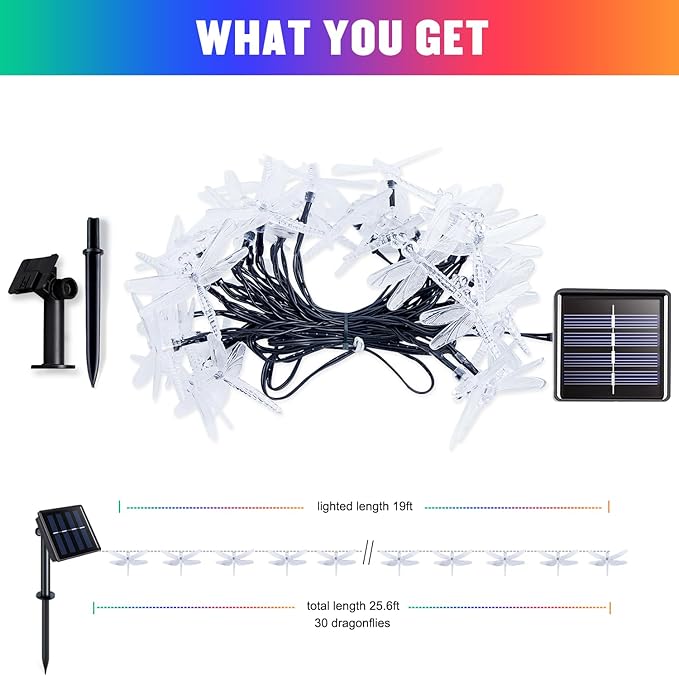 JMEXSUSS Solar String Lights Outdoor, 25.6FT 30 LED, Dragonfly | Outdoor Waterproof, 8 Modes, Multicolor Solar Christmas Lights for Garden Patio Yard Tree Party Christmas Decorations