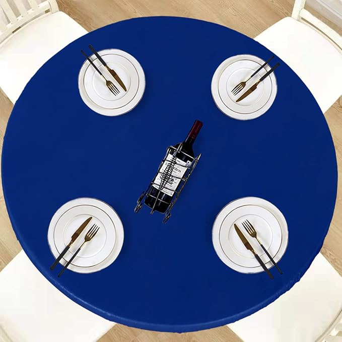 LUSHVIDA Round Waterproof Table Cover Elastic Vinyl Fitted Tablecloth Elastic Edged Plastic Table Cloth (Blue, Best for Up to 57"-68" Round)