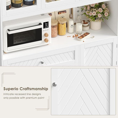BOTLOG 72” Tall Kitchen Pantry Storage Cabinet with Painted Strip Door | Modern White Kitchen Hutch with Large Storage Drawer, Countertop, Adjustable Shelves for Dining Room, Living Room