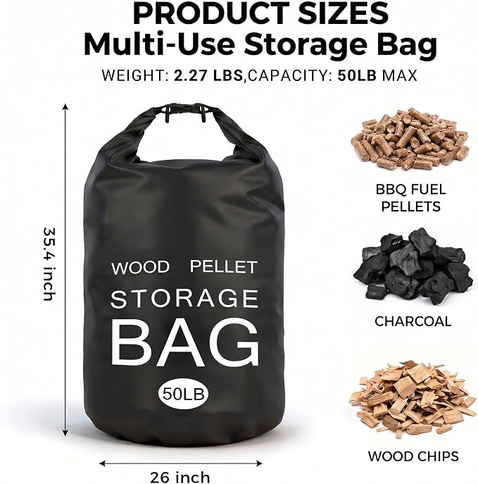 2 Pack 50LB Waterproof Pellet Storage Bags with Backpack Straps | Heavy Duty Wood Pellet Storage Container, Smoker Pellet Storage Bin Bag for BBQ Grill, Charcoal, Wood Chips & Heating Fuel