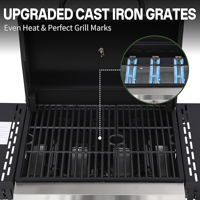Propane Grill with Folding Side Tables, 3-Burner Gas Grill with Porcelain-Enameled Cast Iron Grates and Stainless Steel Grill Pan, 30,000 BTU BBQ Grill with Wheels for Outdoor Cooking