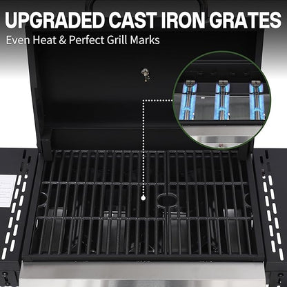 Propane Grill with Folding Side Tables, 3-Burner Gas Grill with Porcelain-Enameled Cast Iron Grates and Stainless Steel Grill Pan, 30,000 BTU BBQ Grill with Wheels for Outdoor Cooking